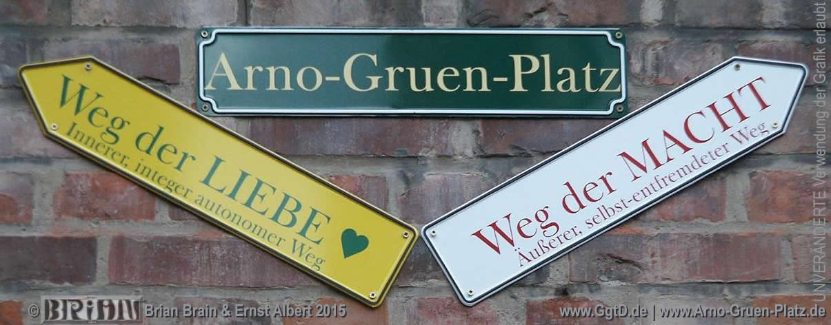 Arno-Gruen-Platz-Schild in Gandersheim mit symbolischen Wegweisern fr die '2 Wege', den 'Weg der Liebe' und den 'Weg der Macht'